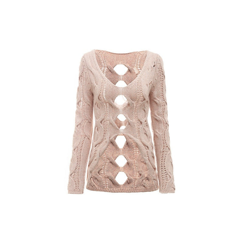 1JINN_STUDIO_Olive_Green_Openwork_Cable_Knit_V-neck_Women&