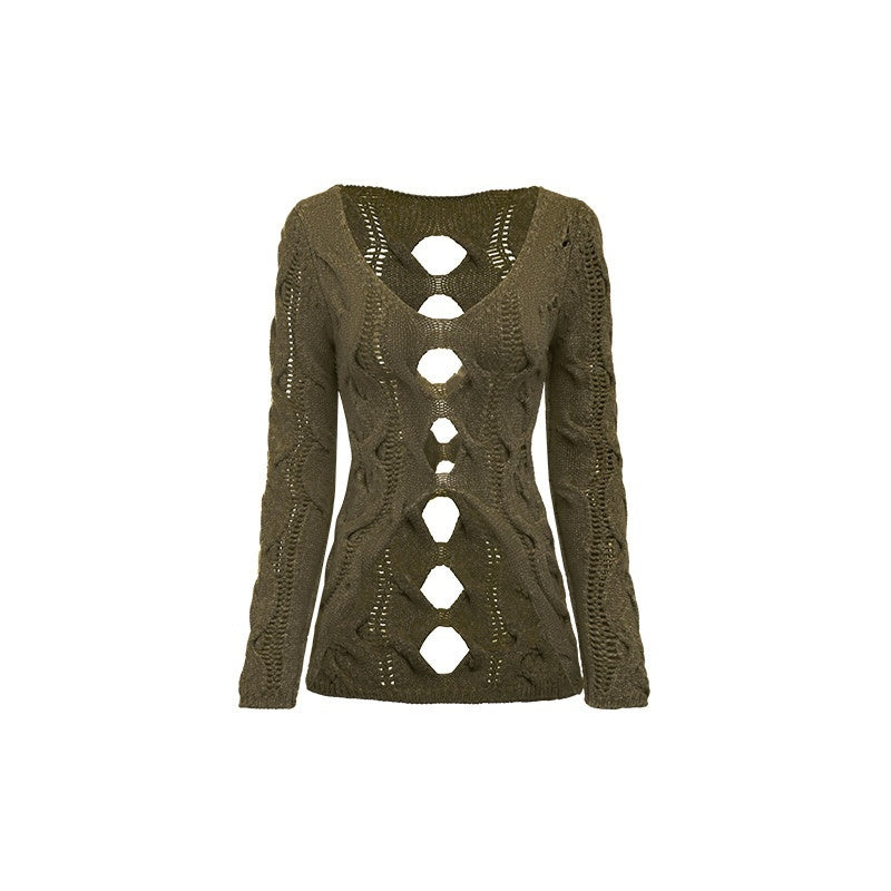 1JINN_STUDIO_Olive_Green_Openwork_Cable_Knit_V-neck_Women&