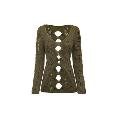 1JINN_STUDIO_Olive_Green_Openwork_Cable_Knit_V-neck_Women&