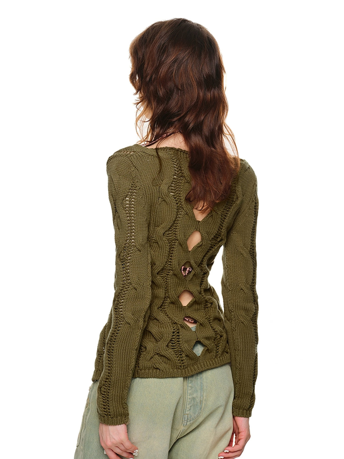 1JINN STUDIO Olive Green Openwork Cable Knit V-neck Women&