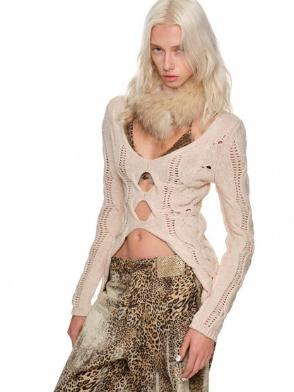1JINN STUDIO Olive Green Openwork Cable Knit V-neck Women&