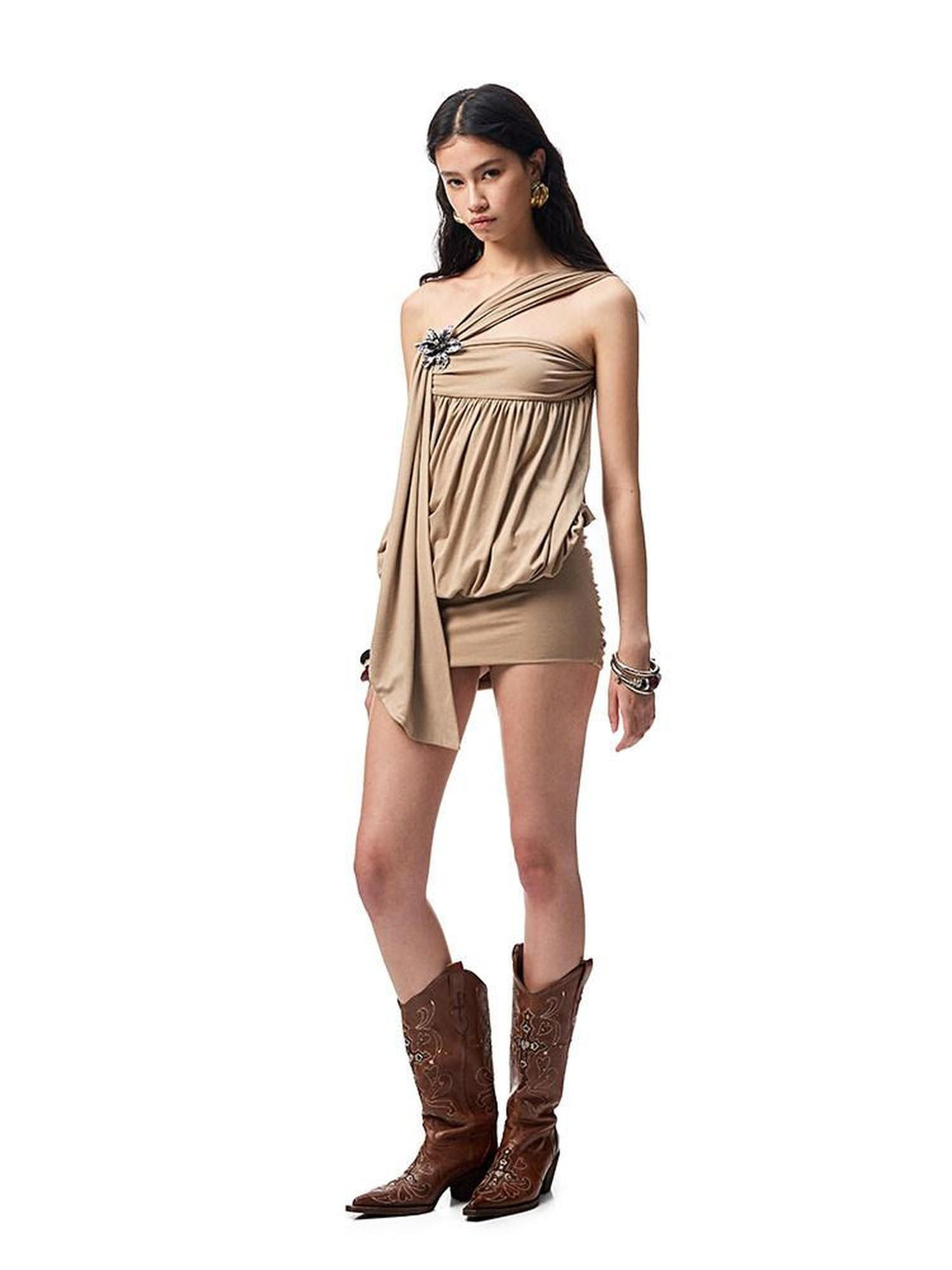 1JINN STUDIO One Shoulder Knotted Bustier Bodycon Women&