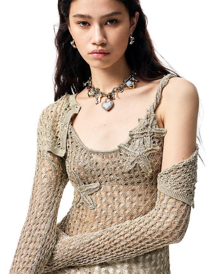 1JINN STUDIO Openwork Cable Knit Cropped Long Sleeve Women&