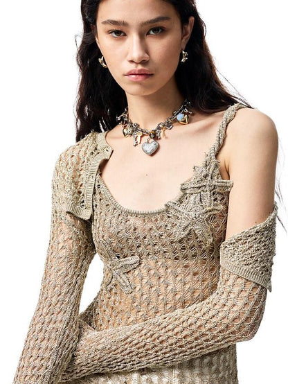 1JINN STUDIO Openwork Cable Knit Cropped Long Sleeve Women&
