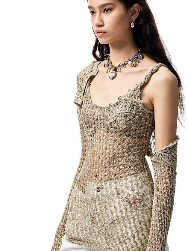 1JINN STUDIO Openwork Cable Knit Cropped Long Sleeve Women&
