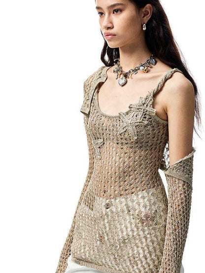 1JINN STUDIO Openwork Cable Knit Cropped Long Sleeve Women&