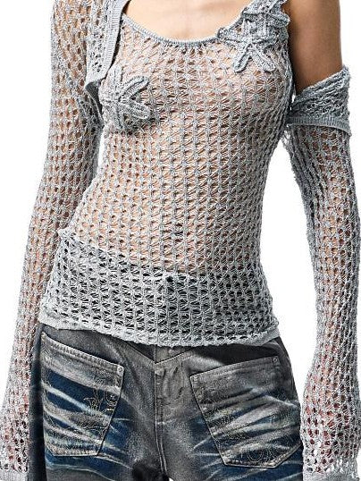1JINN STUDIO Openwork Cable Knit Cropped Long Sleeve Women&