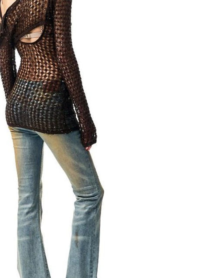 1JINN STUDIO Openwork Cable Knit Cropped Long Sleeve Women&
