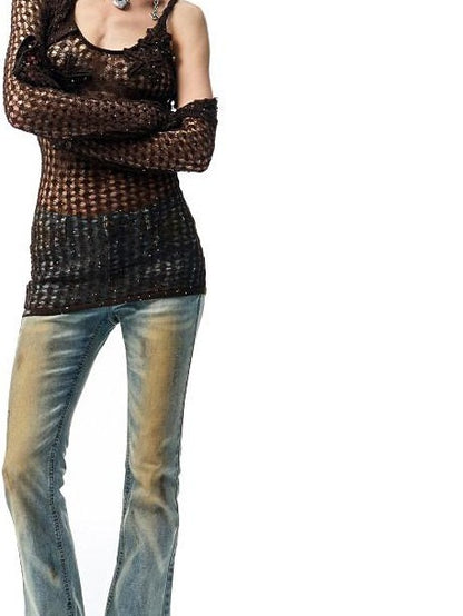1JINN STUDIO Openwork Cable Knit Cropped Long Sleeve Women&