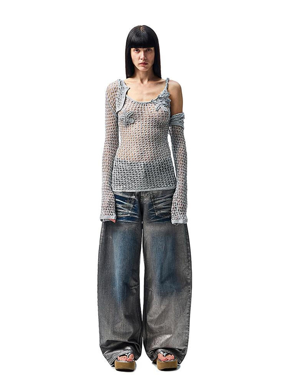 1JINN STUDIO Openwork Cable Knit Cropped Long Sleeve Women&