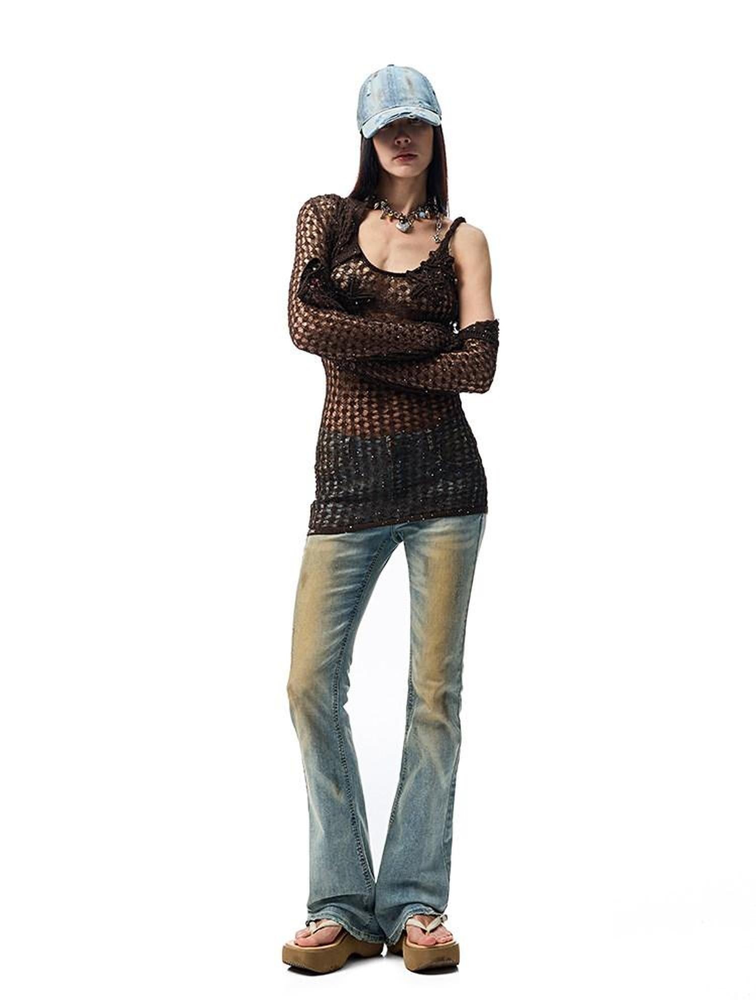 1JINN STUDIO Openwork Cable Knit Cropped Long Sleeve Women&