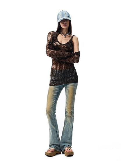 1JINN STUDIO Openwork Cable Knit Cropped Long Sleeve Women&