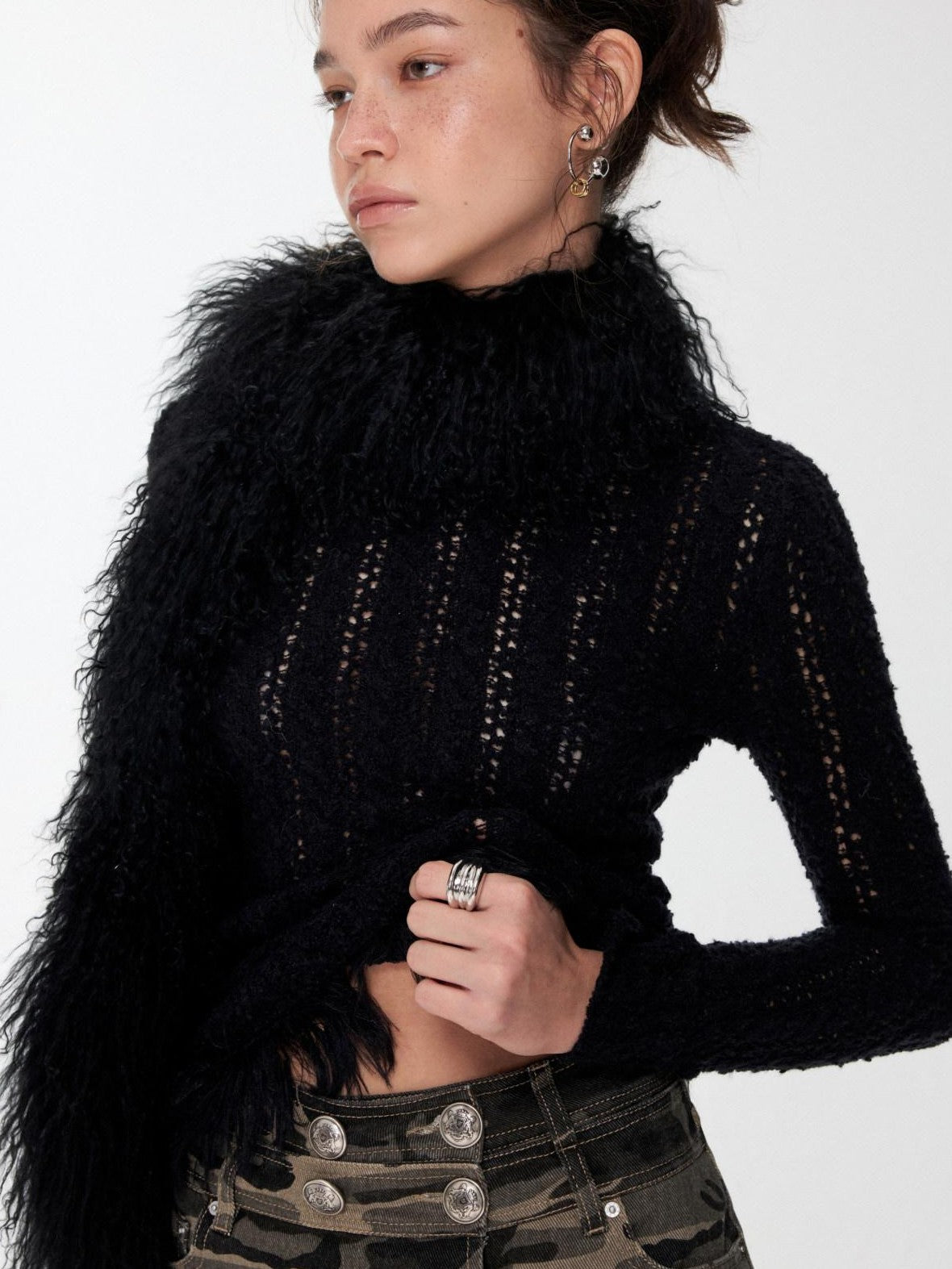 1JINN STUDIO Openwork Cabled Eyelash Off Shoulder Women&