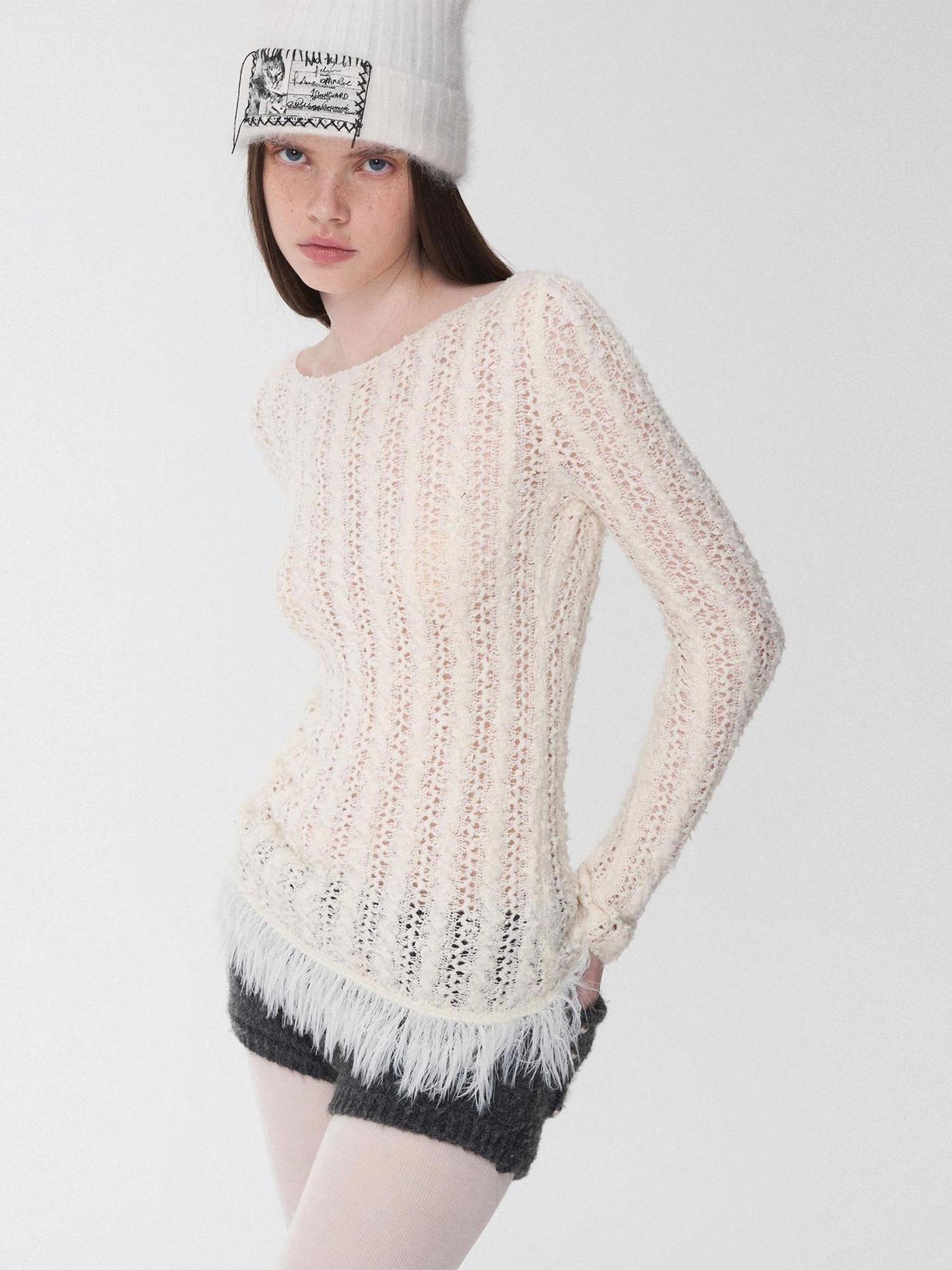 1JINN STUDIO Openwork Cabled Eyelash Off Shoulder Women&