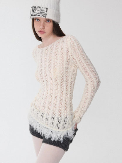 1JINN STUDIO Openwork Cabled Eyelash Off Shoulder Women&