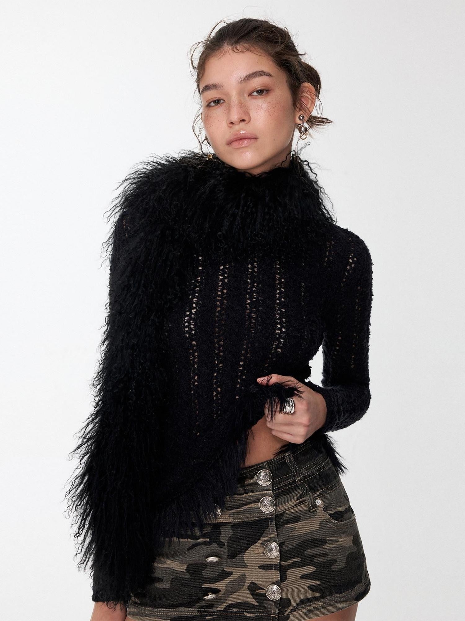 1JINN STUDIO Openwork Cabled Eyelash Off Shoulder Women&