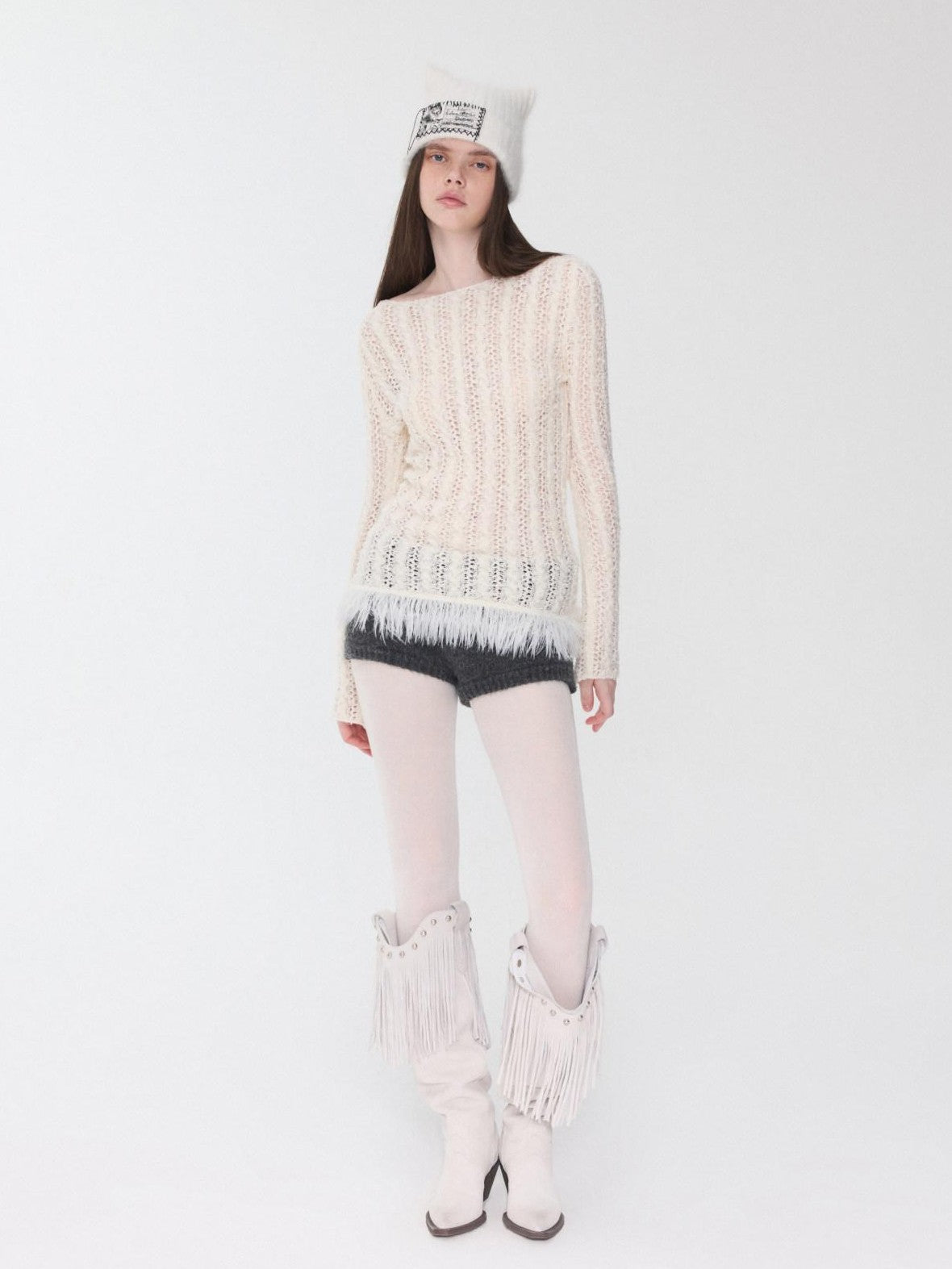 1JINN STUDIO Openwork Cabled Eyelash Off Shoulder Women&
