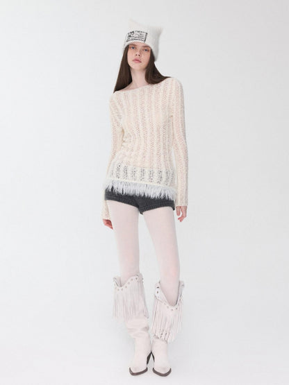 1JINN STUDIO Openwork Cabled Eyelash Off Shoulder Women&