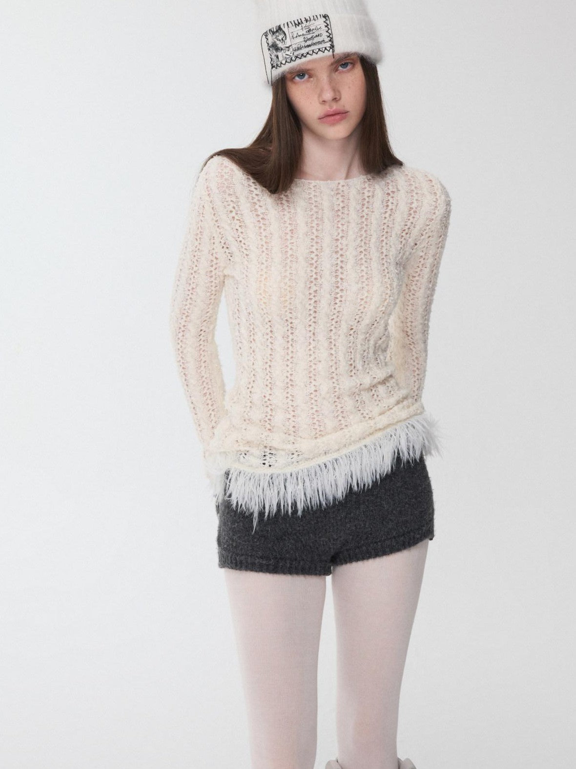 1JINN STUDIO Openwork Cabled Eyelash Off Shoulder Women&