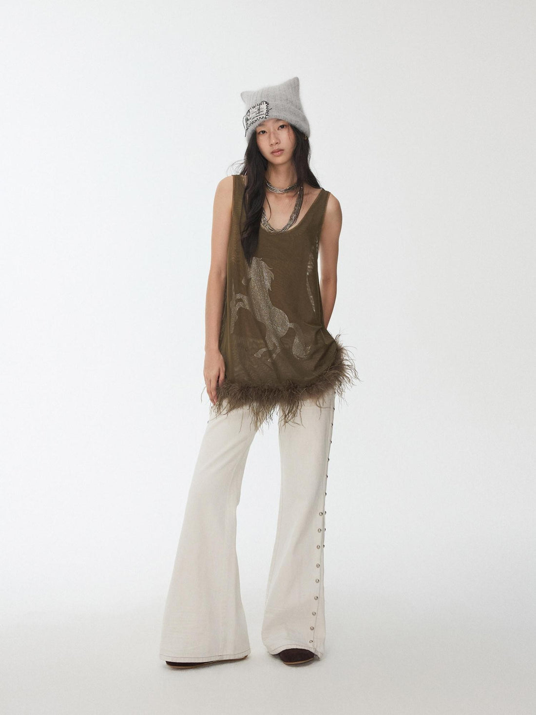 1JINN STUDIO Ostrich Feather Hem Rhinestone Embellished U Neck Women&