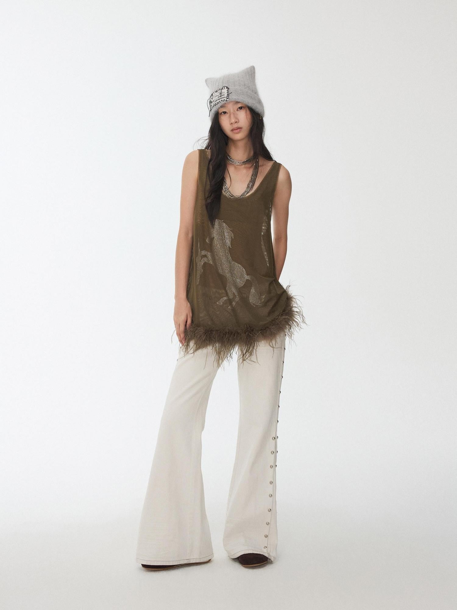 1JINN STUDIO Ostrich Feather Hem Rhinestone Embellished U Neck Women&