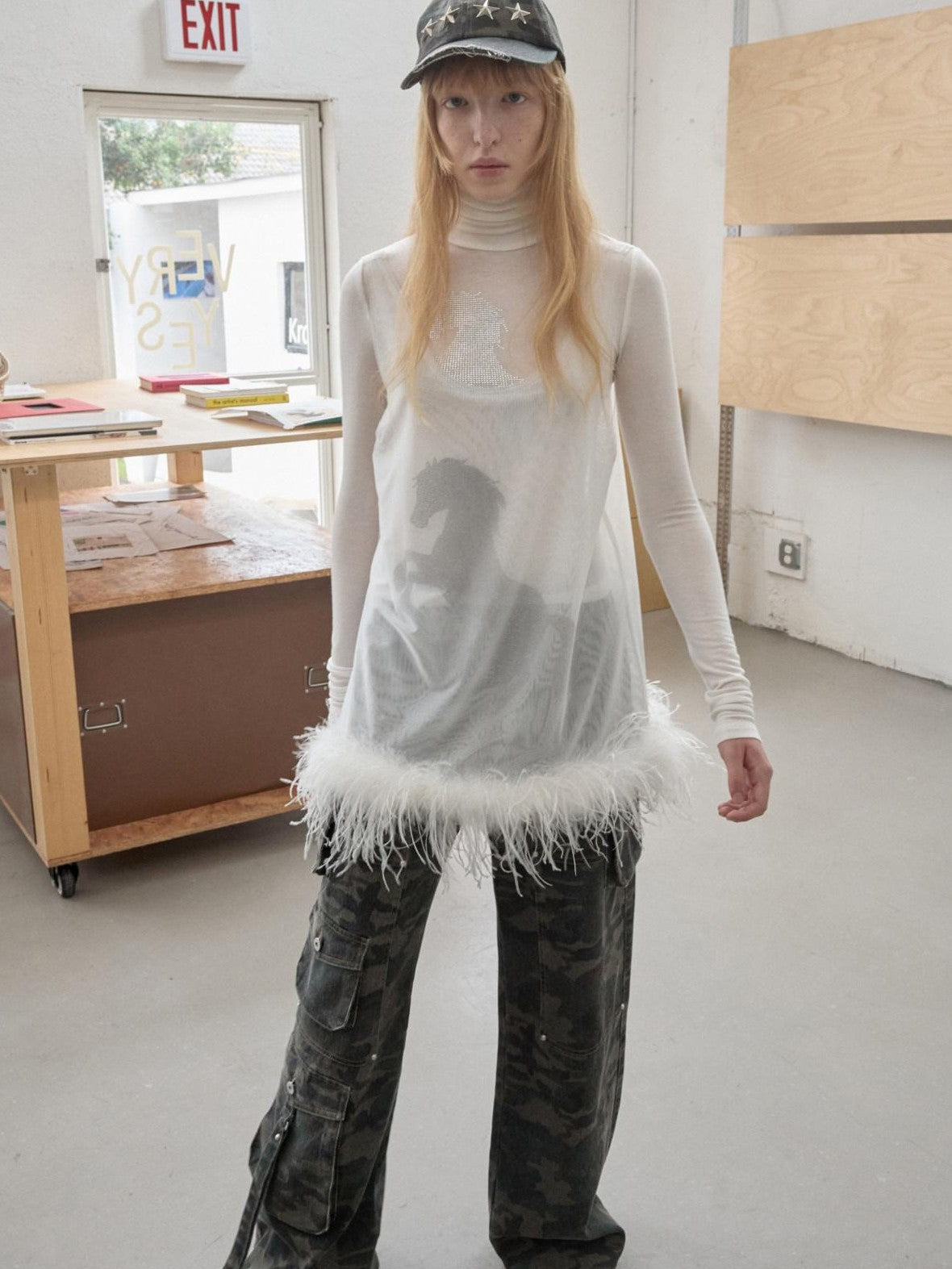 1JINN STUDIO Ostrich Feather Hem Rhinestone Embellished U Neck Women&