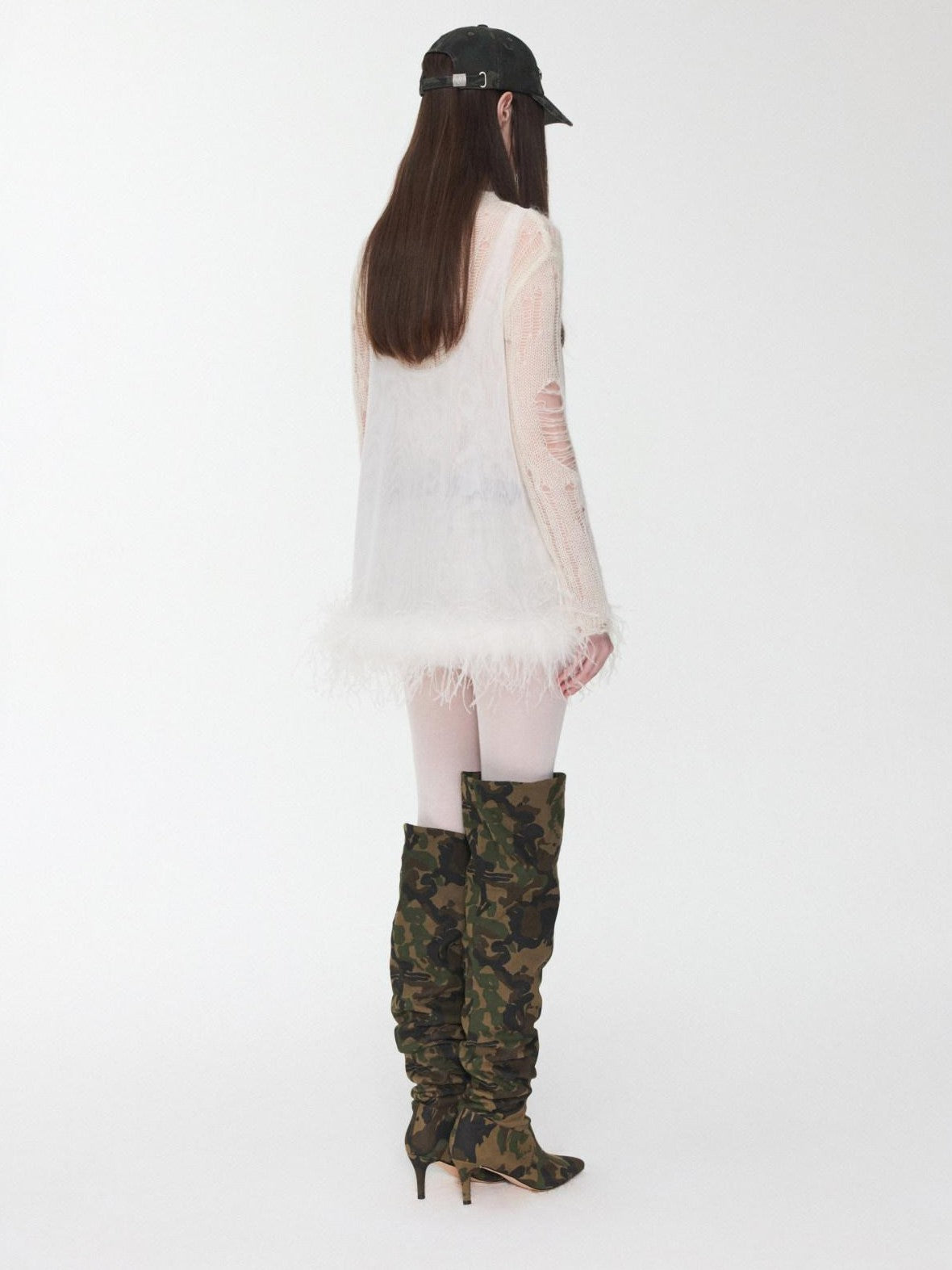 1JINN STUDIO Ostrich Feather Hem Rhinestone Embellished U Neck Women&