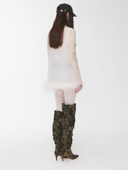 1JINN STUDIO Ostrich Feather Hem Rhinestone Embellished U Neck Women&