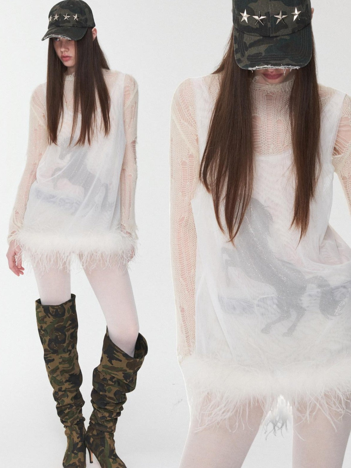 1JINN STUDIO Ostrich Feather Hem Rhinestone Embellished U Neck Women&