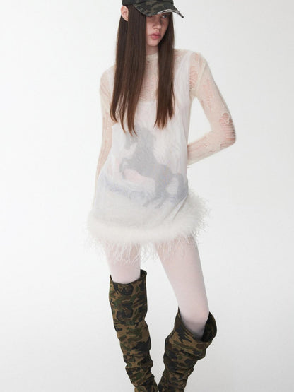 1JINN STUDIO Ostrich Feather Hem Rhinestone Embellished U Neck Women&