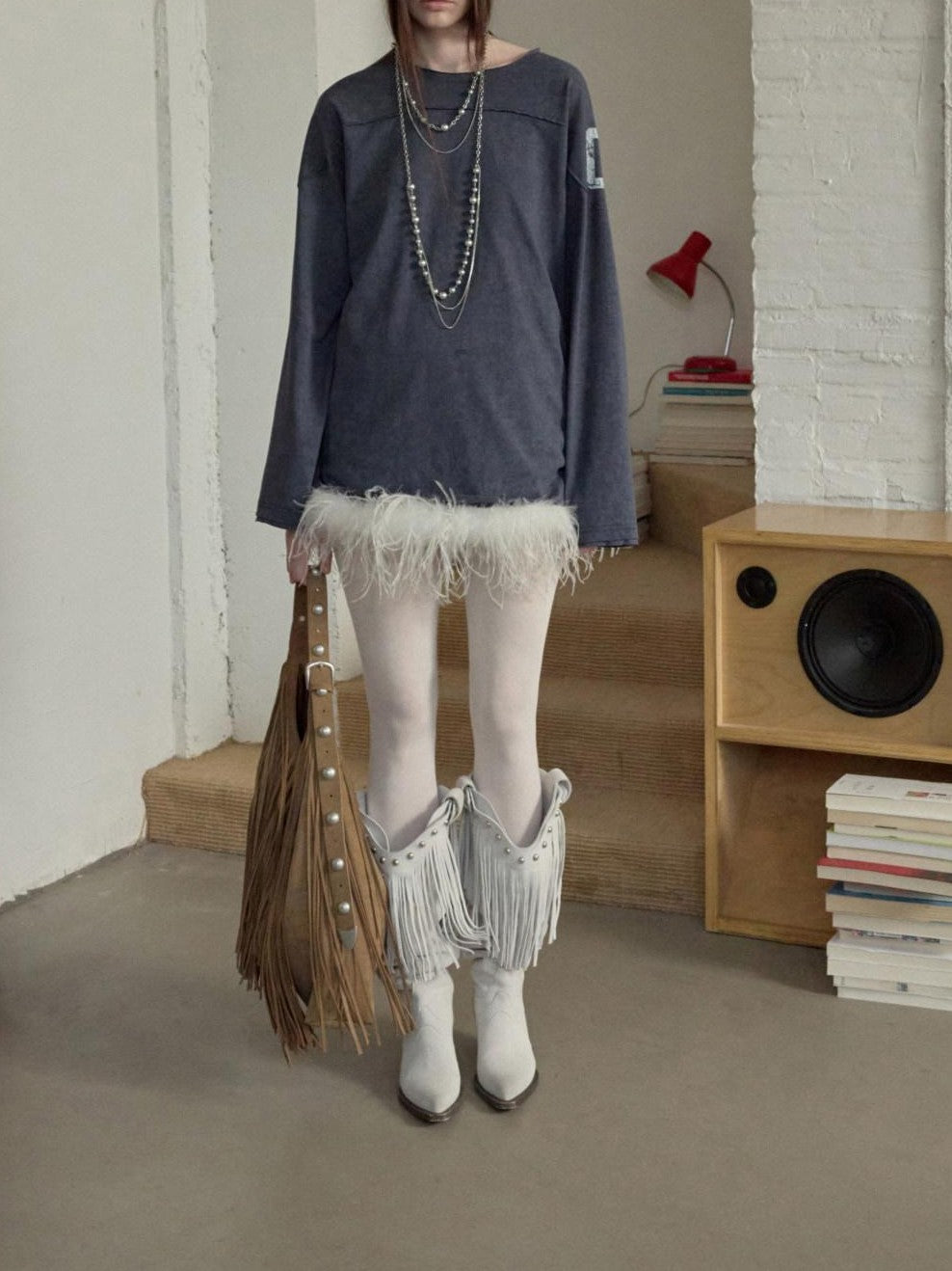 1JINN STUDIO Ostrich Feather Hem Rhinestone Embellished U Neck Women&
