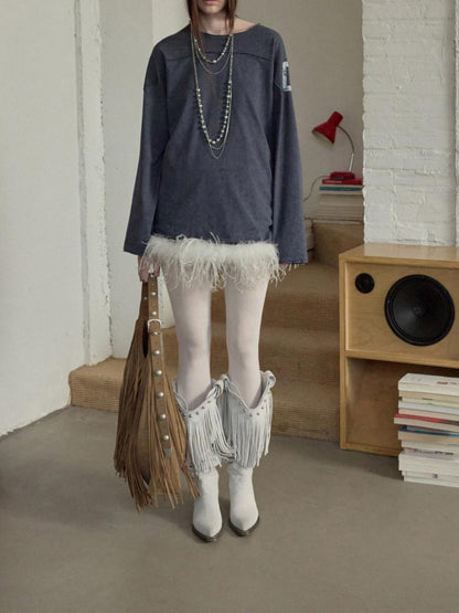 1JINN STUDIO Ostrich Feather Hem Rhinestone Embellished U Neck Women&