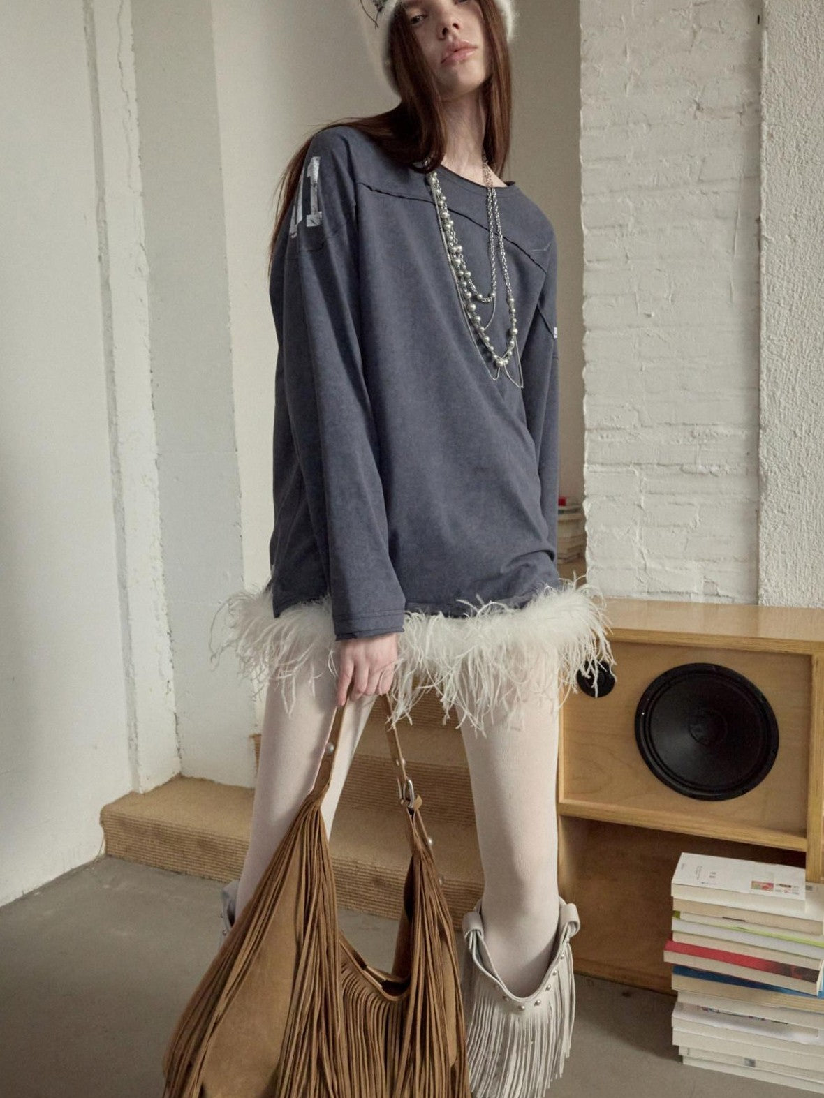 1JINN STUDIO Ostrich Feather Hem Rhinestone Embellished U Neck Women&