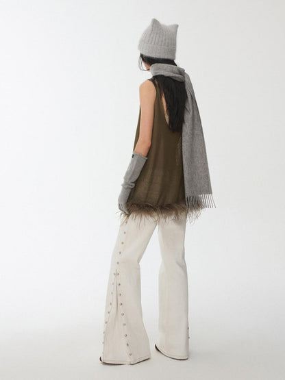 1JINN STUDIO Ostrich Feather Hem Rhinestone Embellished U Neck Women&
