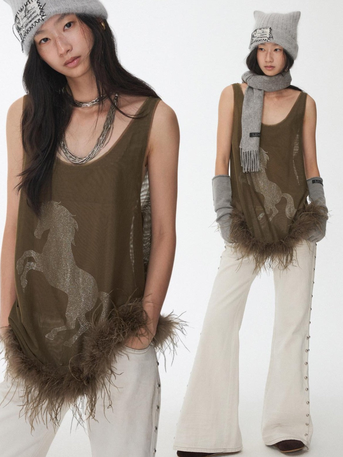 1JINN STUDIO Ostrich Feather Hem Rhinestone Embellished U Neck Women&
