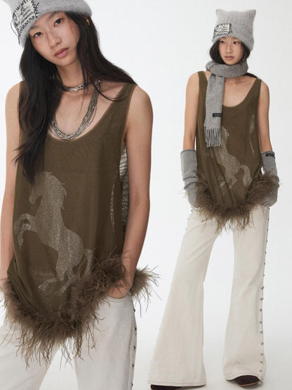 1JINN STUDIO Ostrich Feather Hem Rhinestone Embellished U Neck Women&
