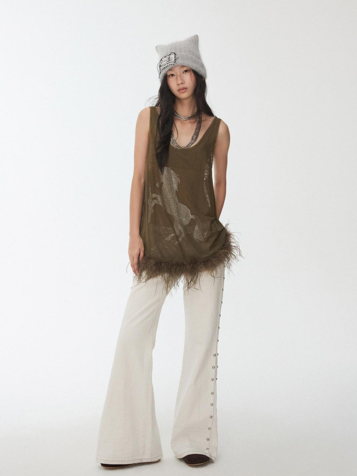 1JINN STUDIO Ostrich Feather Hem Rhinestone Embellished U Neck Women&