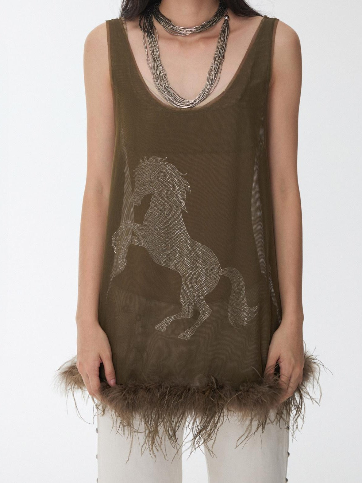 1JINN STUDIO Ostrich Feather Hem Rhinestone Embellished U Neck Women&