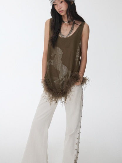 1JINN STUDIO Ostrich Feather Hem Rhinestone Embellished U Neck Women&