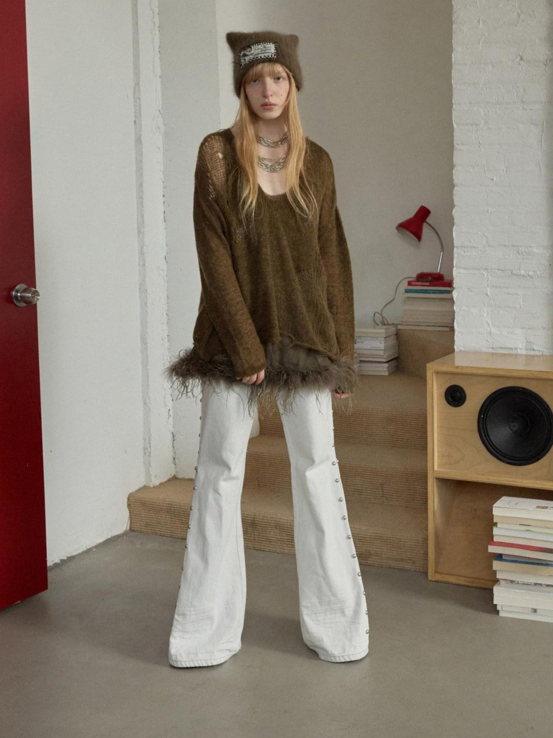 1JINN STUDIO Ostrich Feather Hem Rhinestone Embellished U Neck Women&