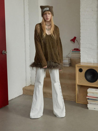 1JINN STUDIO Ostrich Feather Hem Rhinestone Embellished U Neck Women&