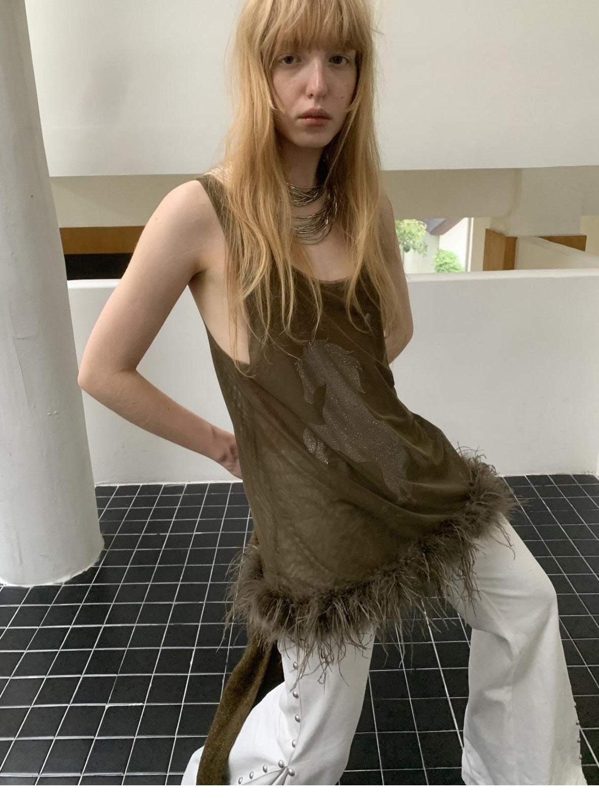 1JINN STUDIO Ostrich Feather Hem Rhinestone Embellished U Neck Women&