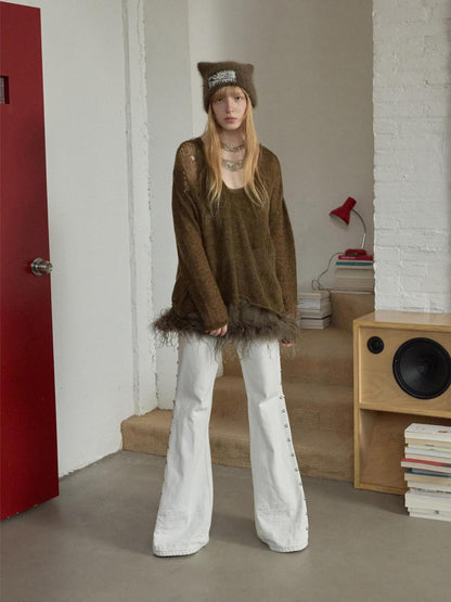 1JINN STUDIO Ostrich Feather Hem Rhinestone Embellished U Neck Women&