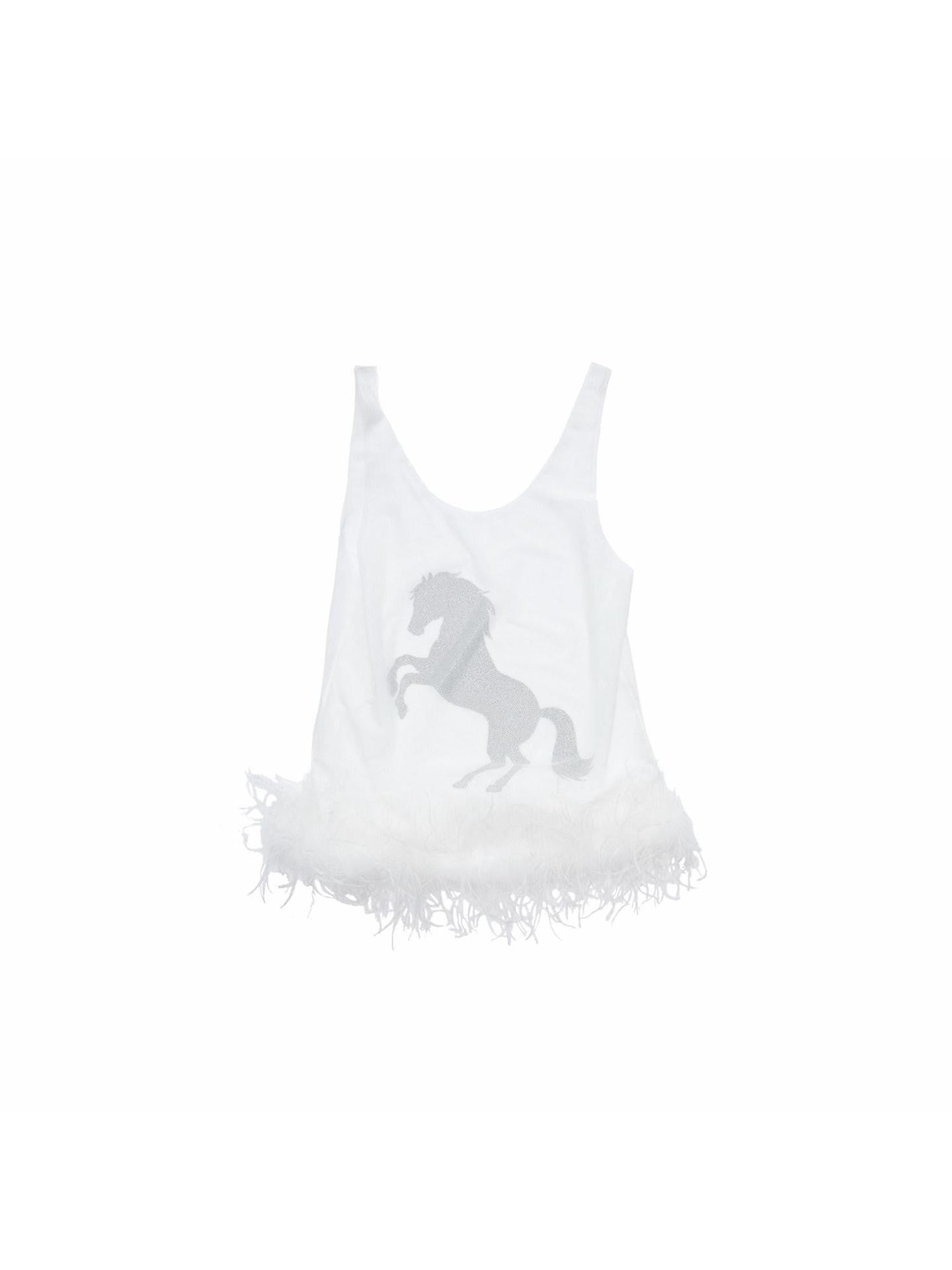 1JINN STUDIO Ostrich Feather Hem Rhinestone Embellished U Neck Women&