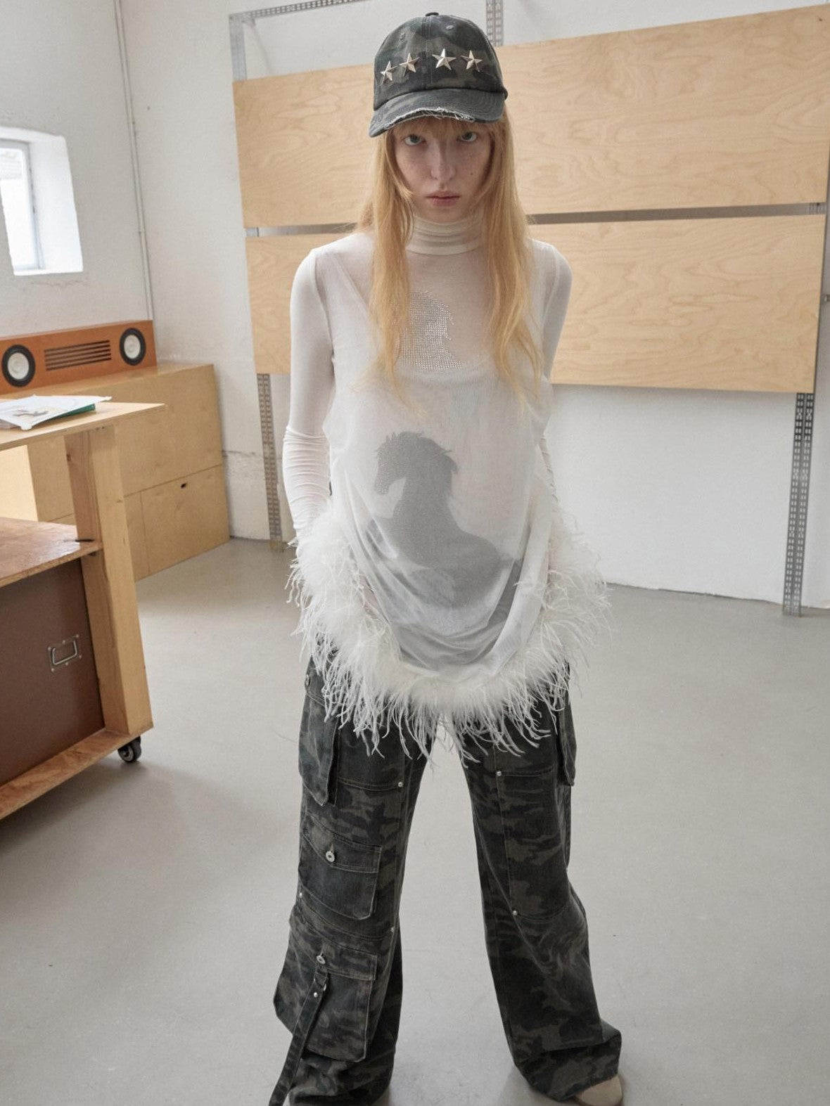 1JINN STUDIO Ostrich Feather Hem Rhinestone Embellished U Neck Women&