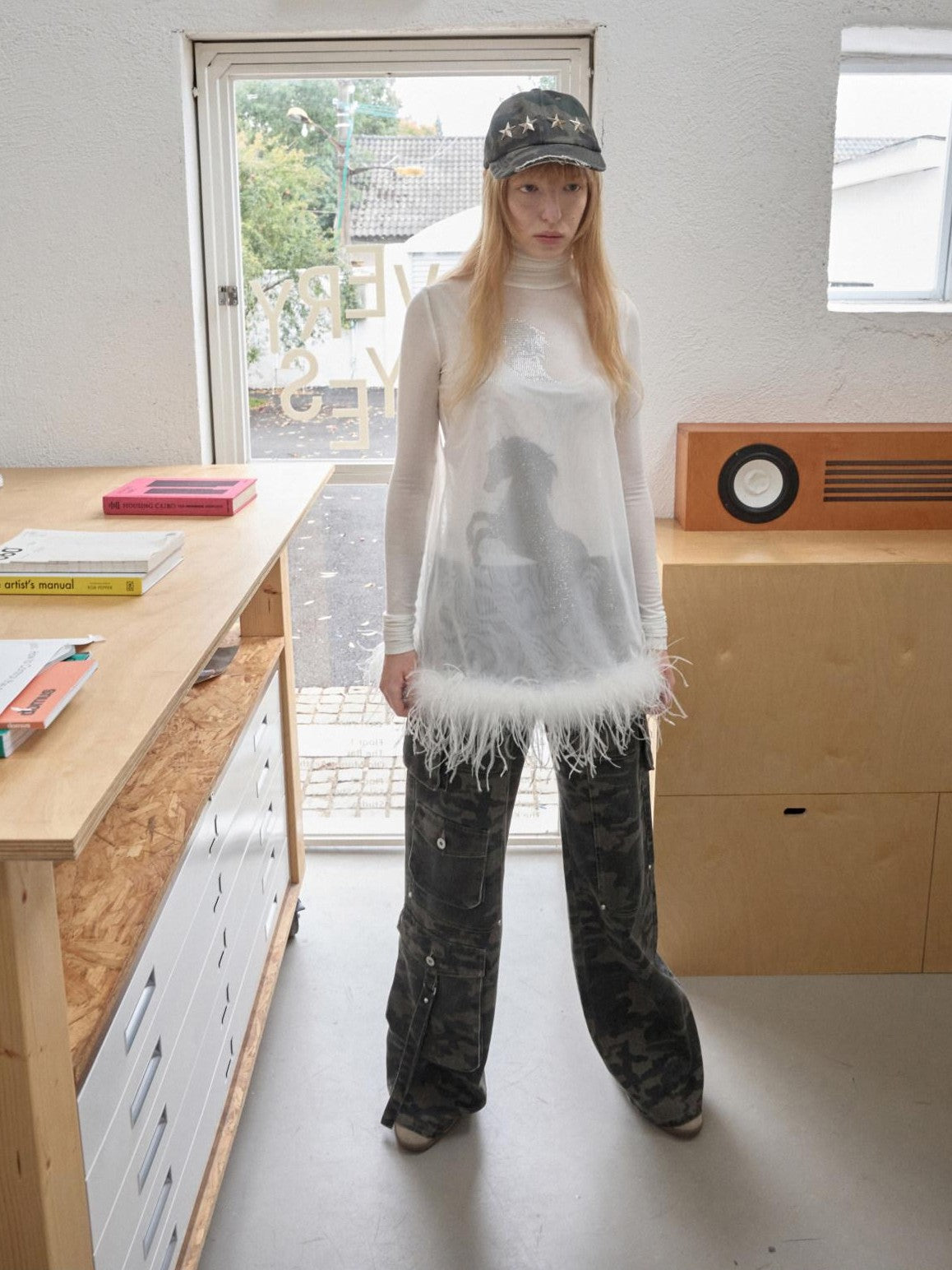 1JINN STUDIO Ostrich Feather Hem Rhinestone Embellished U Neck Women&