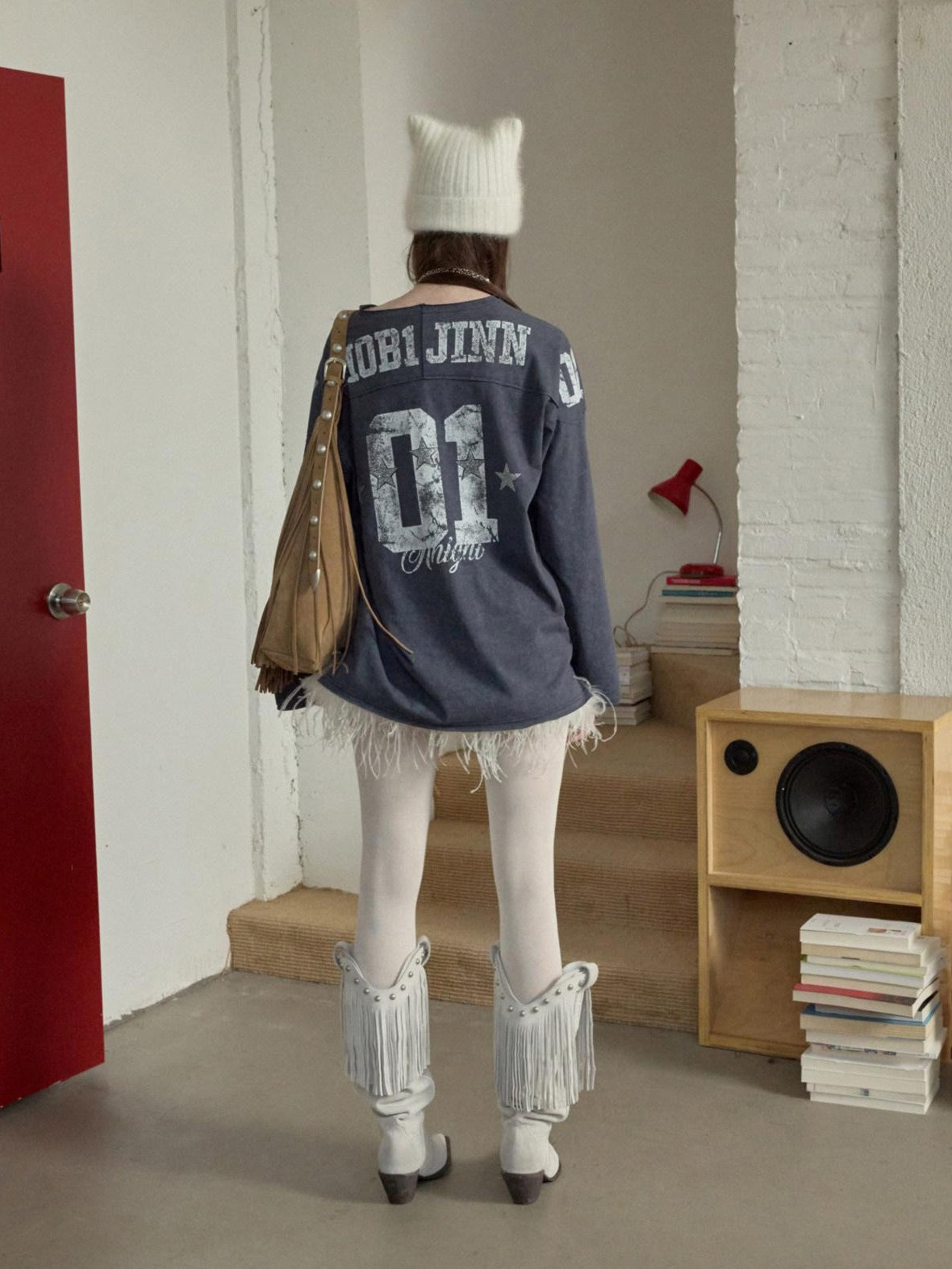 1JINN STUDIO Oversize Football Print Crystals Women&