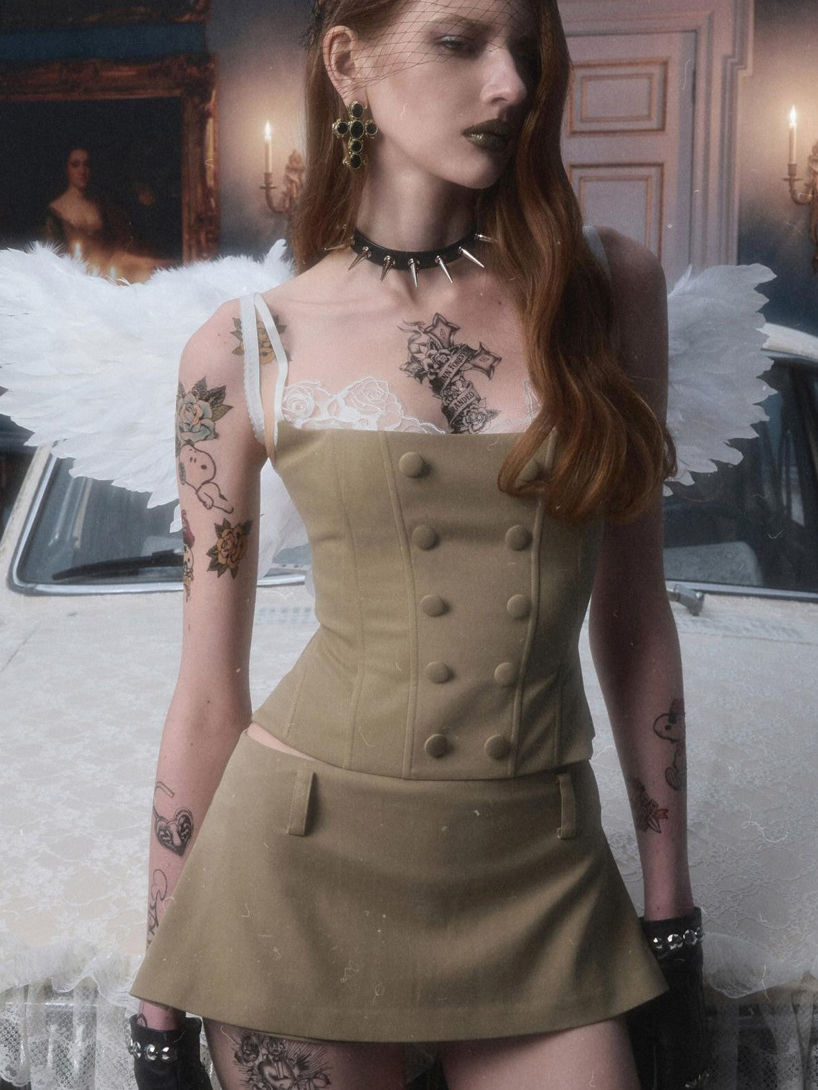 1JINN STUDIO Patchwork Lace Napoleon Double Breasted Cinched Waist Women&
