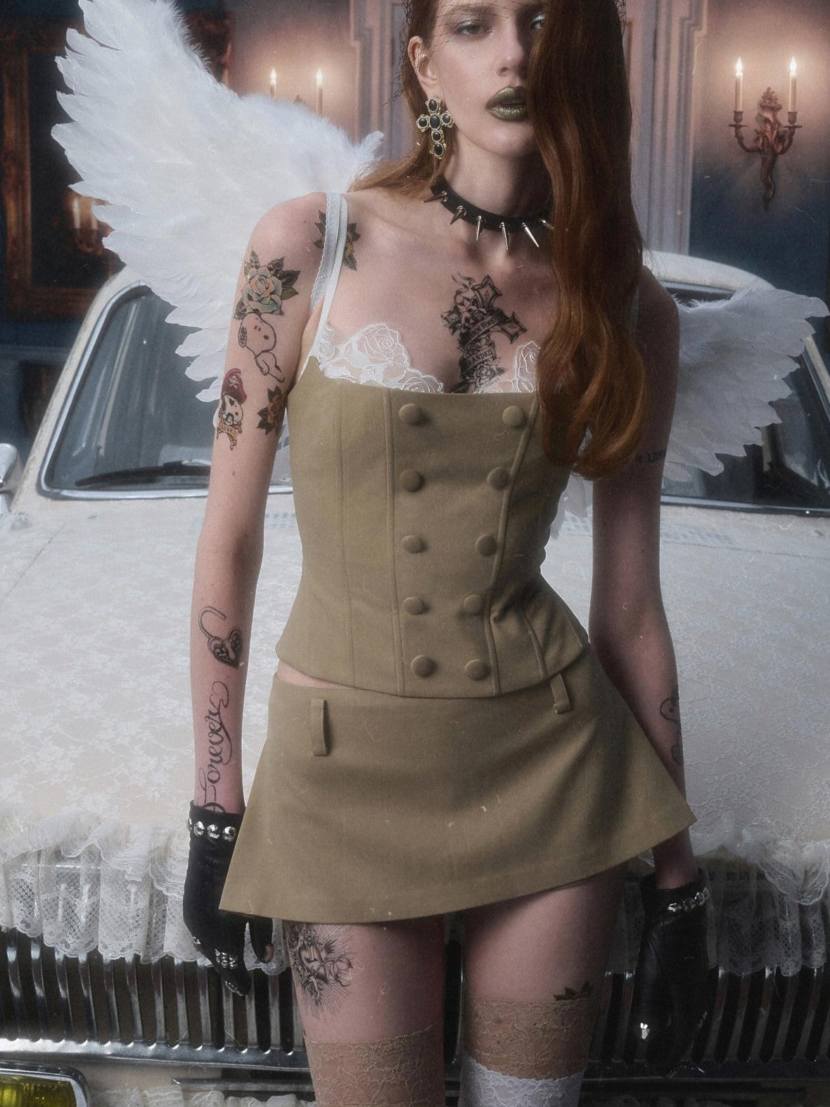 1JINN STUDIO Patchwork Lace Napoleon Double Breasted Cinched Waist Women&