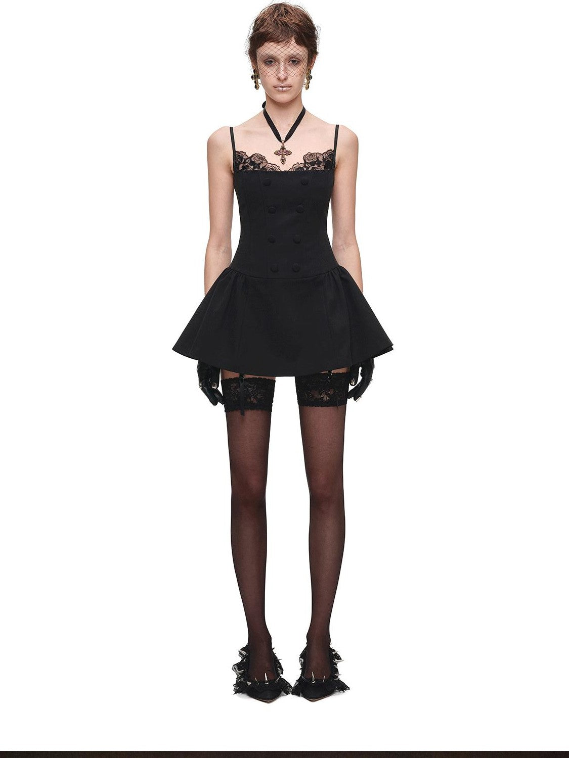 1JINN STUDIO Patchwork Lace Napoleon Double Breasted Cinched Waist Women&